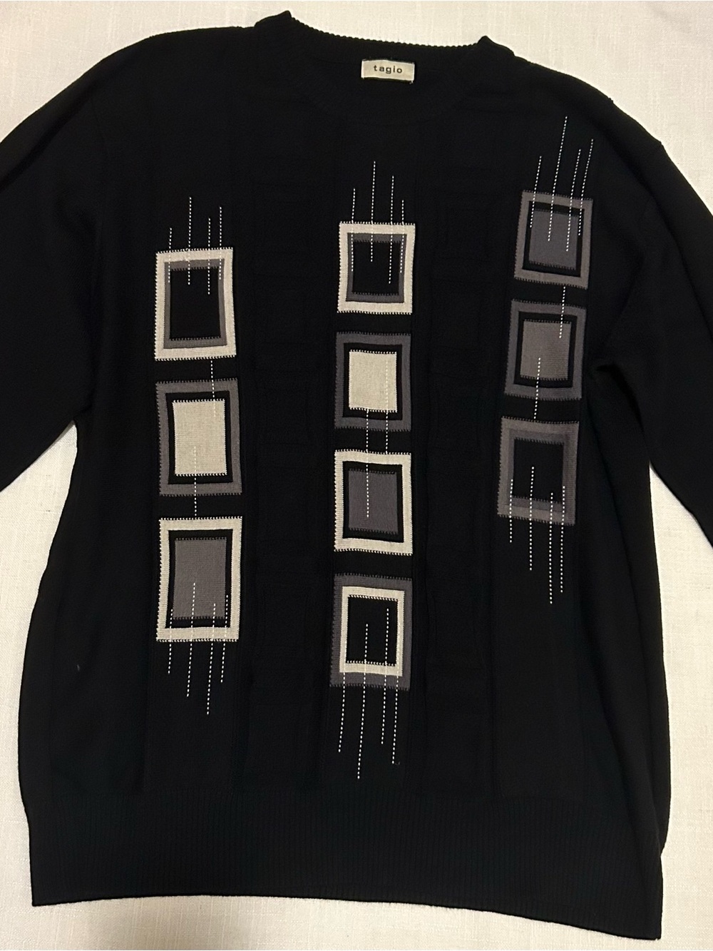 Tagio Black Crewneck Sweater with Gray and Cream Square Motif